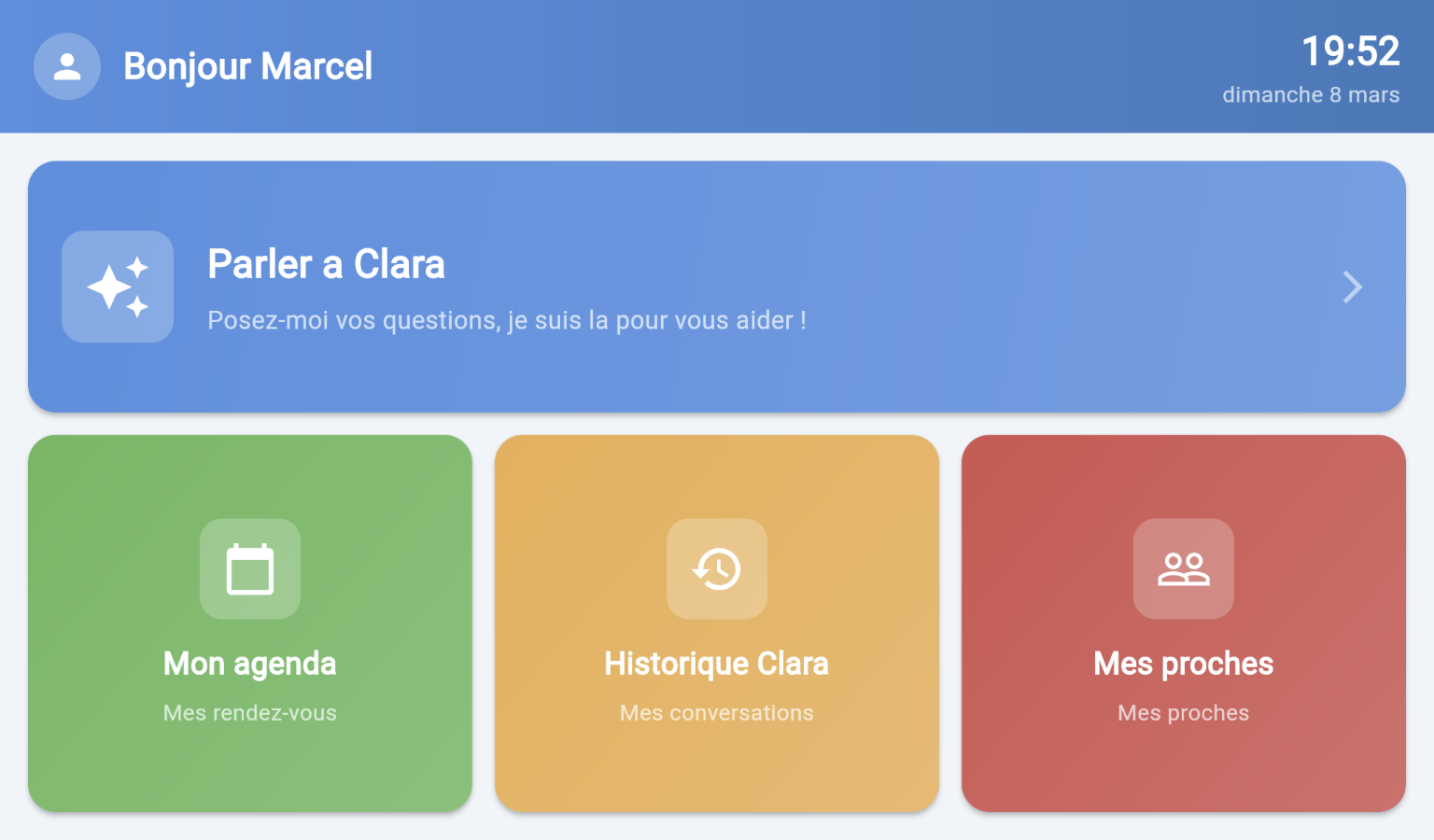Interface Clara, écran d'accueil