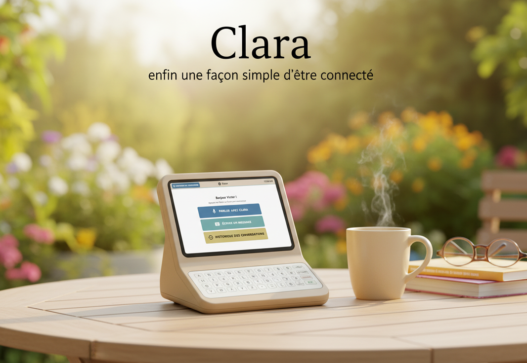 Clara posé sur une table de jardin, à côté d'une tasse de café