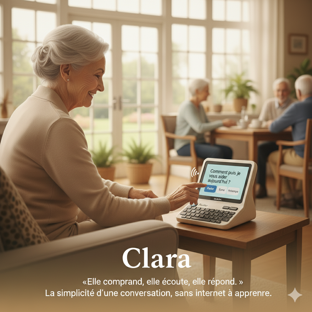 Dame utilisant Clara dans son salon